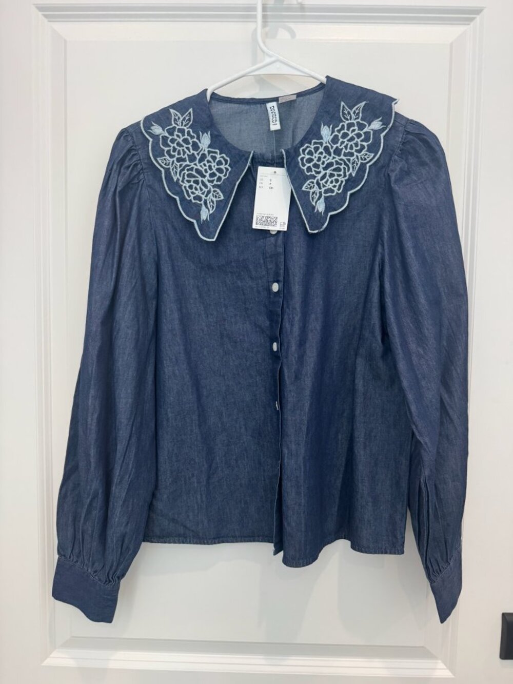 H&M Embroidered-Collar Denim Blouse